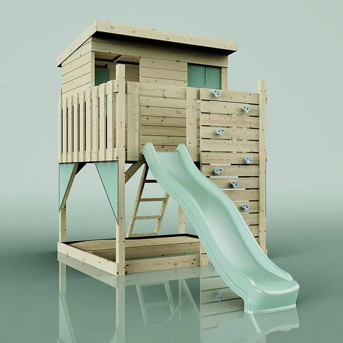 OutdoorToys Kinderspielturm Stelzenhaus Polarstern - L x B x H: 190 x 415 x 260 cm, Grün - Hölzernes Spielhaus mit hellgrüner Rutsche, Kletterwand und Sandkastenbasis.