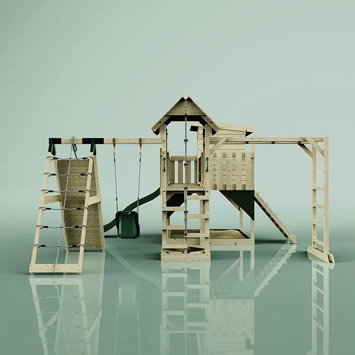 OutdoorToys Kinderspielturm Polarplay Tessa - L x B x H: 490 x 503 x 274 cm, Grün - Hölzernes Outdoor-Spielset mit Kletternetz, Schaukel, Rutsche und Spielturm.