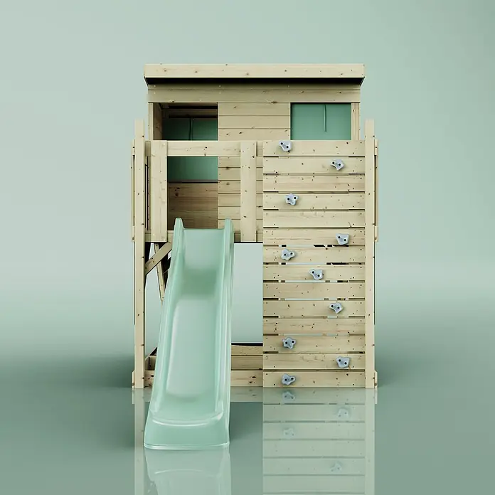 OutdoorToys Kinderspielturm Stelzenhaus Polarstern - L x B x H: 190 x 415 x 260 cm, Grün - Spielhaus aus Naturholz mit hellgrüner Rutsche und Kletterwand mit weißen Griffen.