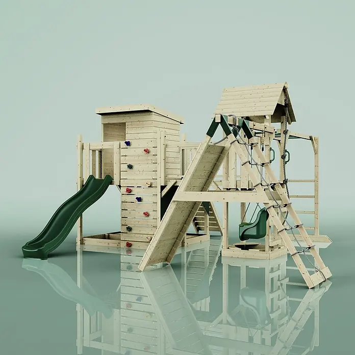 OutdoorToys Kinderspielturm Polarplay Tessa - L x B x H: 490 x 503 x 274 cm, Grün - Hölzernes Spielplatz-Set mit grüner Rutsche, bunter Kletterwand, grüner Schaukel und Kletterseilen.