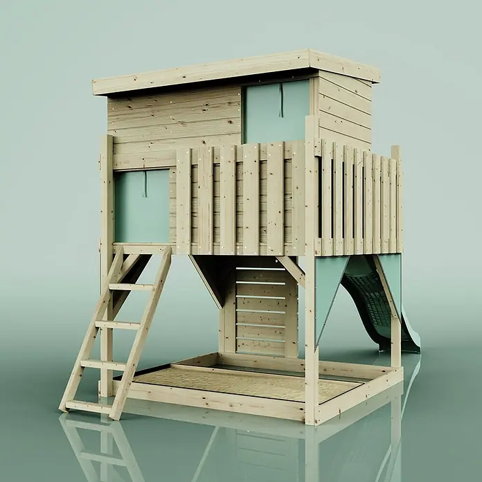 OutdoorToys Kinderspielturm Stelzenhaus Polarstern - L x B x H: 190 x 415 x 260 cm, Grün - Spielhaus aus Holz mit erhöhter Struktur, Leiter, Rutsche und integriertem Sandkasten. Mit Naturholz und hellgrünen Akzenten.