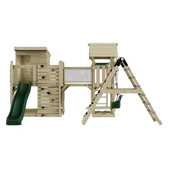 OutdoorToys Kinderspielturm Polarplay Tessa - L x B x H: 490 x 503 x 274 cm, Grün - Hölzernes Spielset mit grüner Rutsche, Kletterwand, Kreidetafel, Schaukel und Seilleiter.