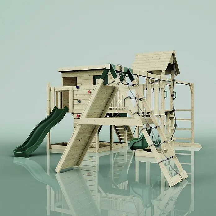 OutdoorToys Kinderspielturm Polarplay Malin - L x B x H: 562 x 503 x 274 cm, Grün - Hölzernes Spielgerüst mit grüner Rutsche, Kletterwand, Schaukeln und Strickleiter für Kinder.
