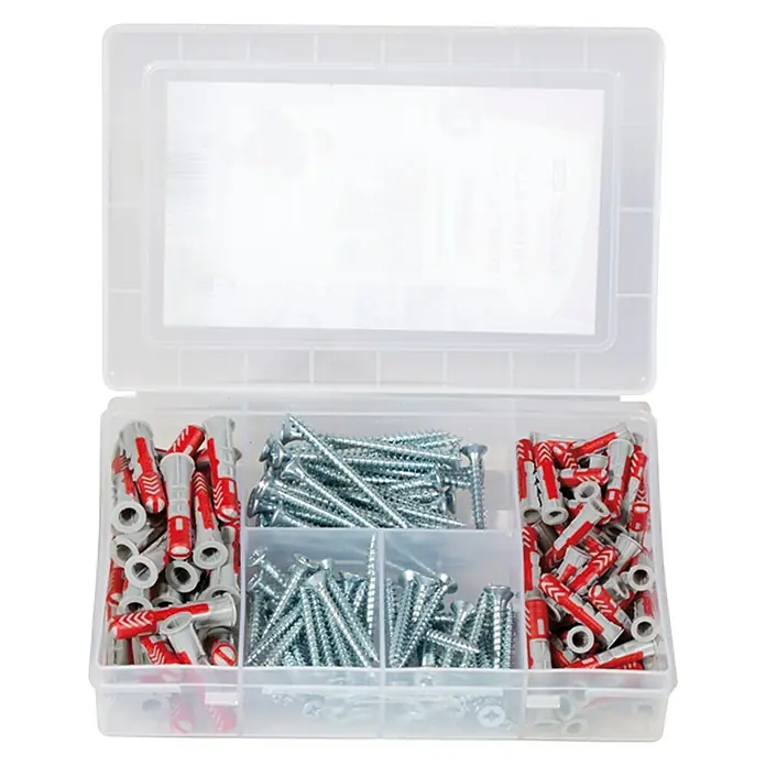 Fischer Duopower Schraubensortiment mit Dübeln Profi-Box - 160 -tlg. - Eine transparente Sortimentsbox, gefüllt mit einer Auswahl an Schrauben und Dübeln, ideal für Heimwerkerprojekte und Reparaturen.