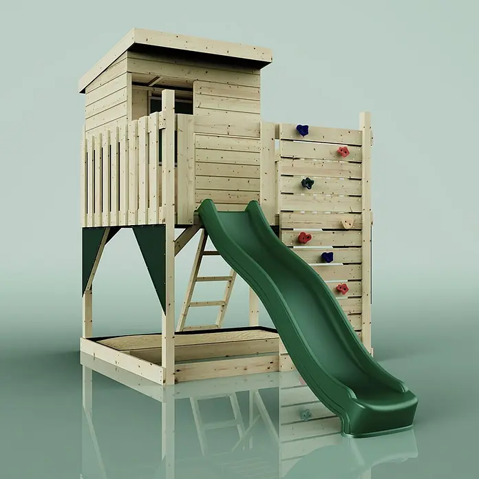 OutdoorToys Kinderspielturm Stelzenhaus Polarlicht - L x B x H: 190 x 415 x 261 cm, Grün - Ein hölzernes Spielset mit erhöhtem Spielhaus, grüner Rutsche, Kletterwand mit bunten Griffen und Sandkasten darunter.