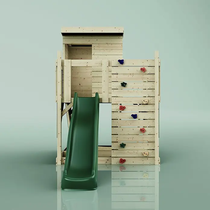 OutdoorToys Kinderspielturm Stelzenhaus Polarlicht - L x B x H: 190 x 415 x 261 cm, Grün - Spielturm aus Holz mit grüner Rutsche und bunter Kletterwand.