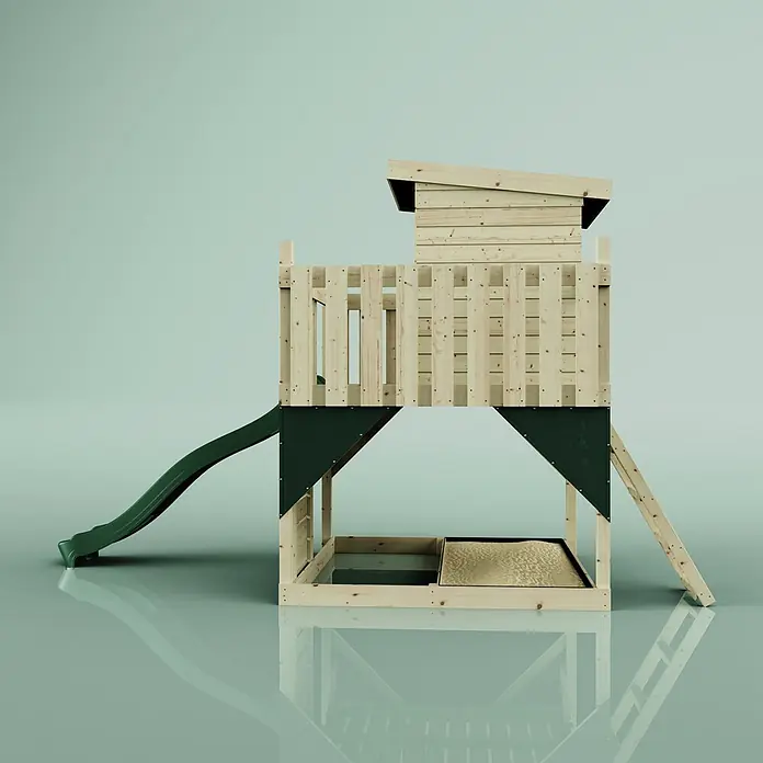 OutdoorToys Kinderspielturm Stelzenhaus Polarlicht - L x B x H: 190 x 415 x 261 cm, Grün - Hölzernes Spielhaus mit grüner Rutsche und integriertem Sandkasten, mit erhöhter Spielebene.