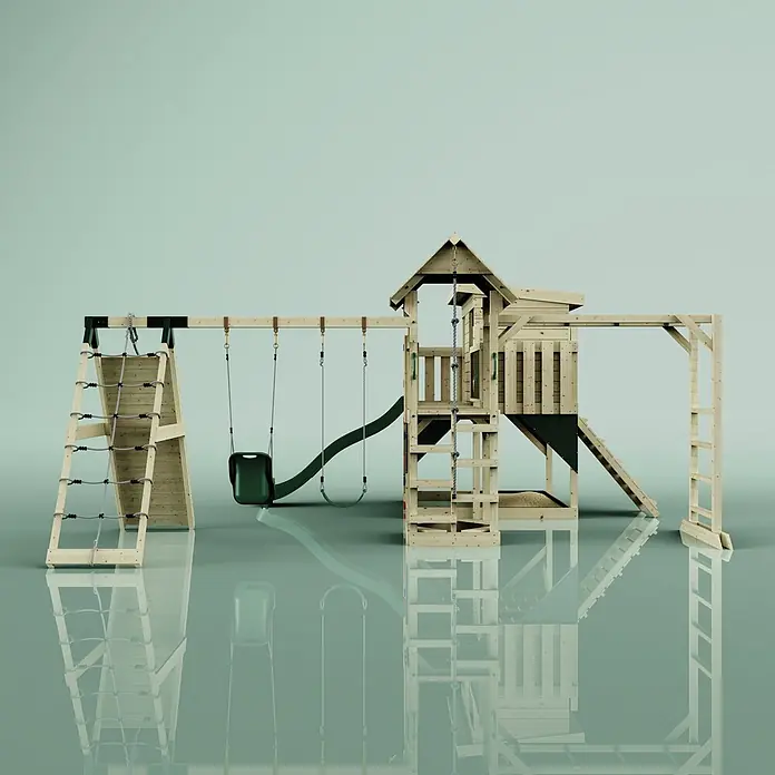 OutdoorToys Kinderspielturm Polarplay Malin - L x B x H: 562 x 503 x 274 cm, Grün - Hölzernes Spielset mit dunkelgrüner Rutsche und Schaukel, Kletternetz und Klettergerüst.