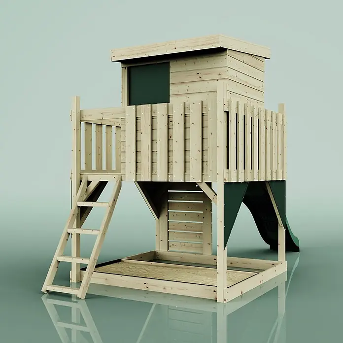 OutdoorToys Kinderspielturm Stelzenhaus Polarlicht - L x B x H: 190 x 415 x 261 cm, Grün - Erhöhtes Holzspielhaus mit Leiter, Rutsche und integriertem Sandkasten. Aus hellem Holz mit grünen Akzenten für den Außenbereich.