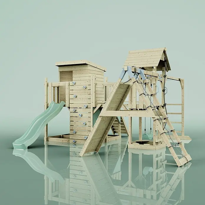 OutdoorToys Kinderspielturm Polarplay Tessa - L x B x H: 490 x 503 x 274 cm, Grün - Ein großes hölzernes Spielgerüst mit grüner Rutsche, Kletterwand, Seilen und Schaukeln für den Spielplatz.