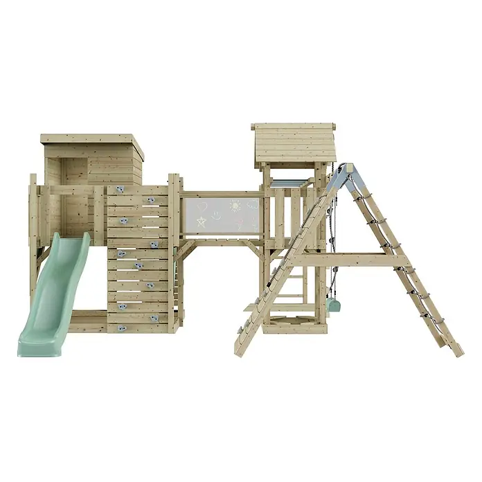 OutdoorToys Kinderspielturm Polarplay Tessa - L x B x H: 490 x 503 x 274 cm, Grün - Spielplatz aus Holz mit grüner Rutsche, Kletterwand, Kreidetafel, Strickleiter und Schaukeln.