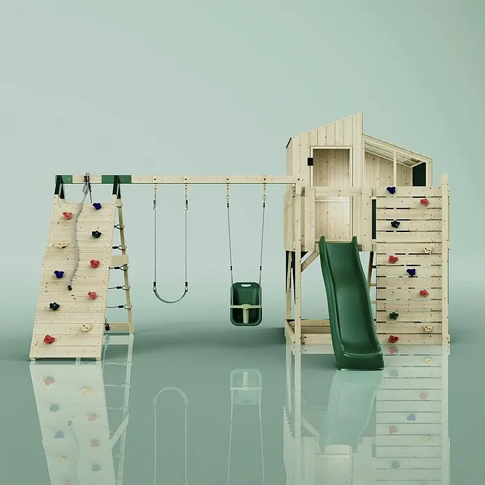 OutdoorToys Kinderspielturm Finn - L x B x H: 472 x 415 x 292 cm, Grün - Hölzernes Spielset mit Spielhaus, grüner Rutsche, zwei Kletterwänden mit bunten Griffen und zwei Schaukeln.