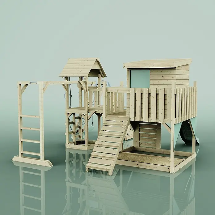 OutdoorToys Kinderspielturm Polarplay Tessa - L x B x H: 490 x 503 x 274 cm, Grün - Kinderspielplatz aus Naturholz mit Rutsche, Kletterwand, Leitern, Schaukeln und Spielhaus.