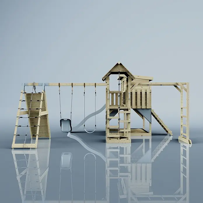 OutdoorToys Kinderspielturm Polarplay Malin - L x B x H: 562 x 503 x 274 cm, Blau - Hölzerner Spielturm mit Rutsche, Kletternetz und Schaukelbereich mit Babyschaukel und Tellerschaukel.