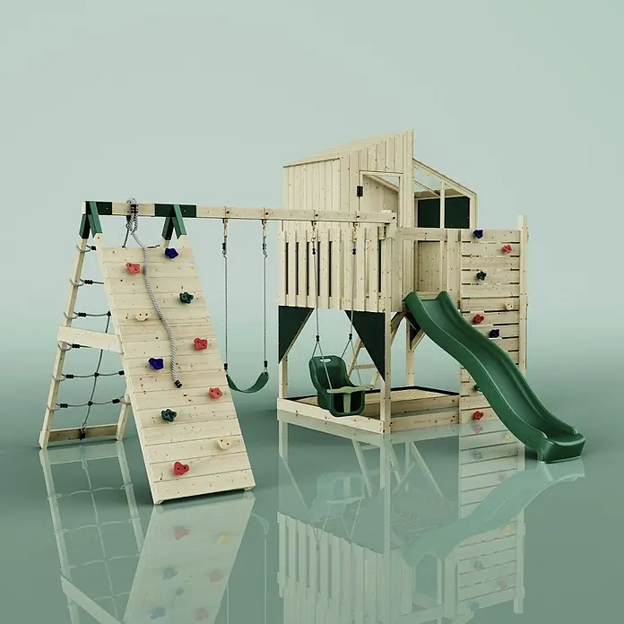 OutdoorToys Kinderspielturm Finn - L x B x H: 472 x 415 x 292 cm, Grün - Großes Holzspielhaus mit grüner Rutsche, Kletterwand mit bunten Griffen, zwei Schaukeln und integriertem Spielturm.