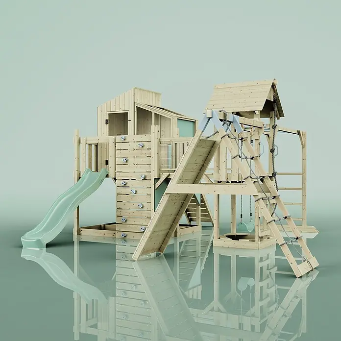 OutdoorToys Kinderspielturm Polarplay Tammo Grün - Holz, Grün - Hölzernes Spielgerüst mit hellgrüner Rutsche, Kletterwand, Strickleiter und Schaukeln.