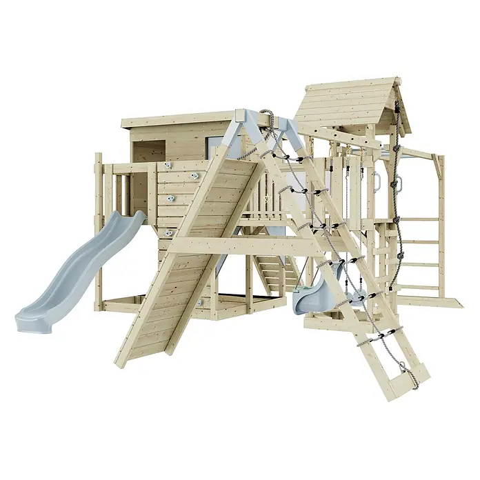 OutdoorToys Kinderspielturm Polarplay Malin - L x B x H: 562 x 503 x 274 cm, Blau - Holz-Kinderspielplatz mit Haus, hellblauer Rutsche, Kletterwand, Strickleiter und Schaukeln.
