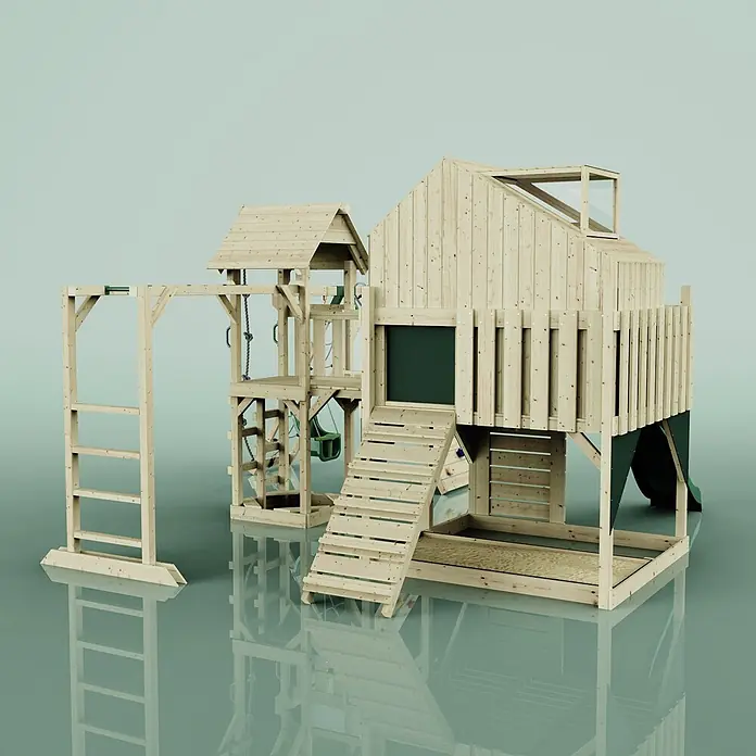 OutdoorToys Kinderspielturm Bo Babyschaukel; - Holz, Grün - Hölzernes Spielgerüst mit Spielhaus, Rutsche, Schaukeln, Kletterwand und Reck für den Spielplatz im Freien.
