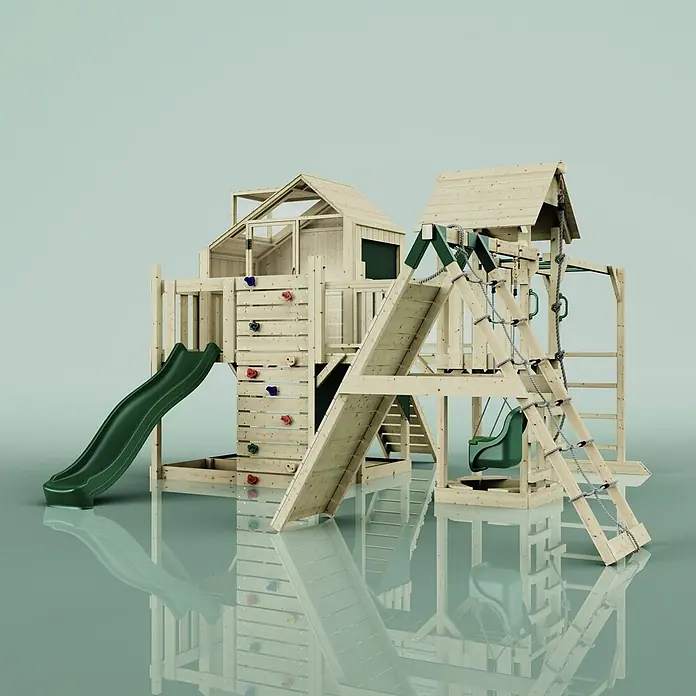 OutdoorToys Kinderspielturm Bo Babyschaukel; - Holz, Grün - Großer Holzspielplatz mit mehreren Türmen, grüner Rutsche, Kletterwand mit bunten Griffen, Schaukel und Seilleitern.