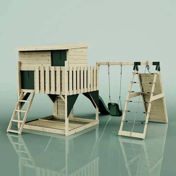OutdoorToys Kinderspielturm Emil - L x B x H: 396 x 415 x 260 cm, Grün - Spielturm aus Holz mit Spielhaus, Rutsche, Schaukel und Kletternetz, mit grünen Akzenten und Sandkastenbasis.