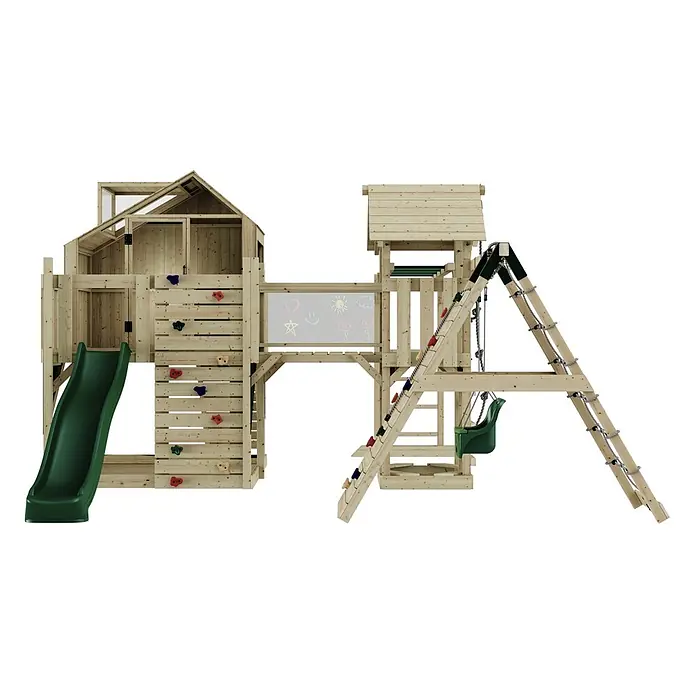 OutdoorToys Kinderspielturm Bo Babyschaukel; - Holz, Grün - Großer Spielturm aus Holz mit grüner Rutsche, Kletterwand, Seilleiter und Schaukel für Kinder im Freien.