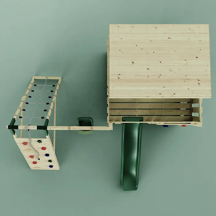 OutdoorToys Kinderspielturm Emil - L x B x H: 396 x 415 x 260 cm, Grün - Draufsicht auf ein hölzernes Kinderspielgerät mit grüner Rutsche, Kletternetz, Kletterwand und Schaukel.