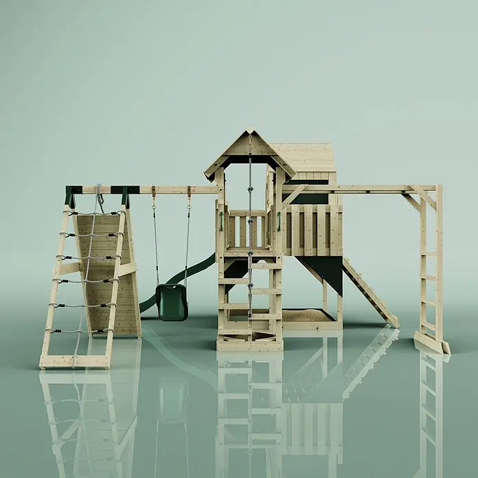 OutdoorToys Kinderspielturm Bo Babyschaukel; - Holz, Grün - Kinderholzspielplatz mit Kletternetz, Schaukel, Rutsche, Sandkasten und Spielhaus, in Naturholz mit dunkelgrünen Akzenten.