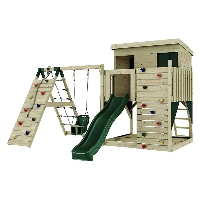 OutdoorToys Kinderspielturm Emil - L x B x H: 396 x 415 x 260 cm, Grün - Hölzernes Outdoor-Spielset mit Kletterwand, Strickleiter, grüner Rutsche, Schaukel und einem erhöhten Spielhaus.
