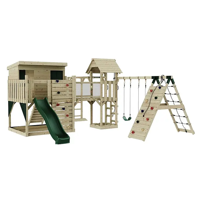 OutdoorToys Kinderspielturm Malin Kinderschaukel; - Holz, Grün - Hölzernes Spielplatzset mit Spielhaus, grüner Rutsche, Schaukeln, Kletterwand, Maltafeln und Seilnetz.