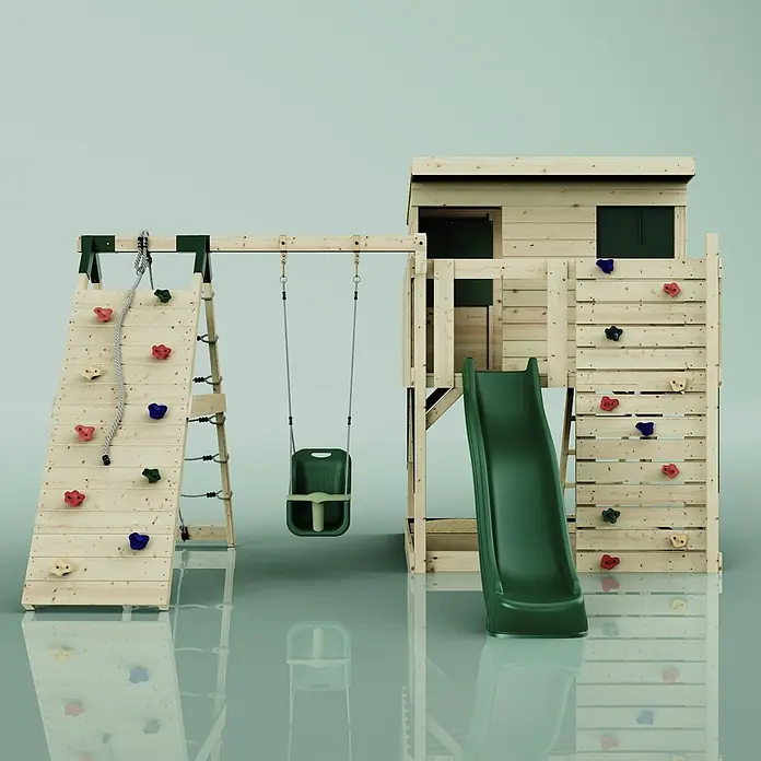 OutdoorToys Kinderspielturm Emil - L x B x H: 396 x 415 x 260 cm, Grün - Hölzerner Spielplatz mit Spielhaus, grüner Rutsche, grüner Babyschaukel und zwei Kletterwänden mit bunten Griffen und Seilen.