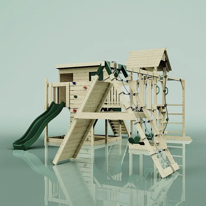 OutdoorToys Kinderspielturm Malin Kinderschaukel; - Holz, Grün - Holzspielplatz-Set mit grüner Rutsche, Kletterwand, Seilleiter und Schaukeln.