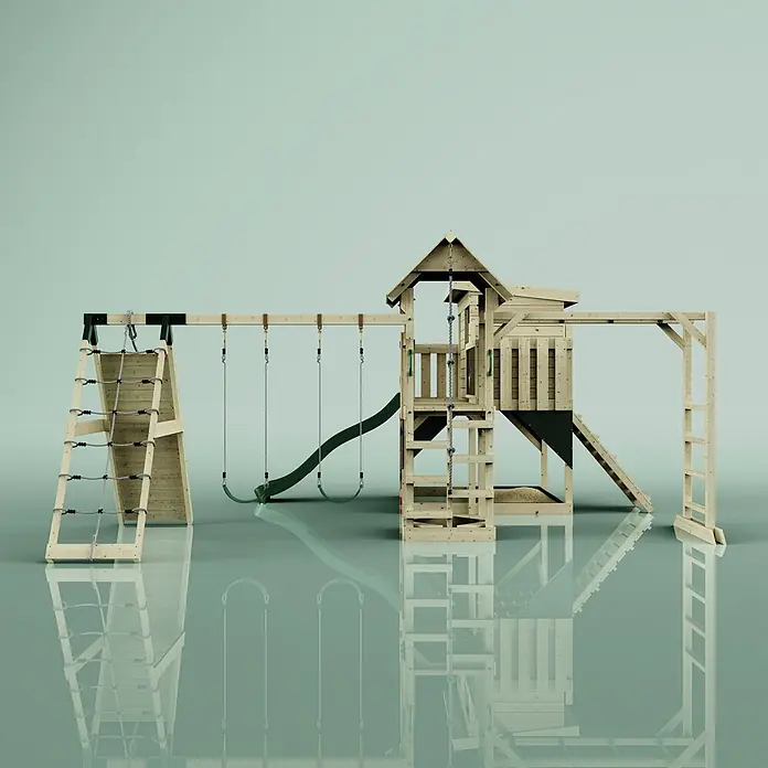 OutdoorToys Kinderspielturm Malin Kinderschaukel; - Holz, Grün - Hölzerner Spielturm mit grüner Rutsche, Schaukeln, Kletterseil und Spielhaus.