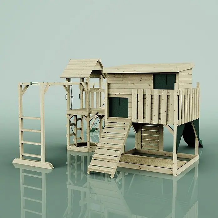 OutdoorToys Kinderspielturm Malin Kinderschaukel; - Holz, Grün - Spielplatz aus hellem Holz mit Spielhaus, Rutsche, Kletterwand, Schaukeln und Sandkasten.