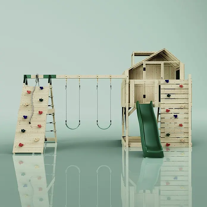 OutdoorToys Kinderspielturm Oscar - L x B x H: 472 x 415 x 292 cm, Grün - Holzspielturm mit grüner Rutsche, zwei Schaukeln und zwei Kletterwänden mit bunten Griffen.