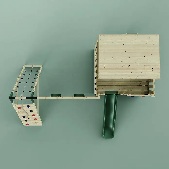 OutdoorToys Kinderspielturm Aksel - L x B x H: 469 x 415 x 261 cm, Grün - Hölzernes Spielgerüst mit Spielhaus, grüner Rutsche, Kletterwand und Seilnetz.