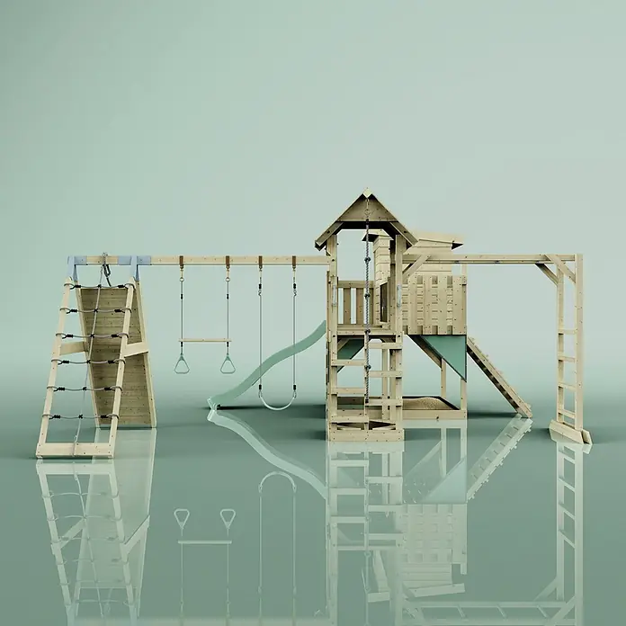 OutdoorToys Kinderspielturm Lars Trapezschaukel; - Holz, Grün - Hölzerner Spielplatz mit Kletterturm, Rutsche, Kletternetz, Trapez und Schaukel. Naturholz mit hellgrünen/blauen Akzenten.