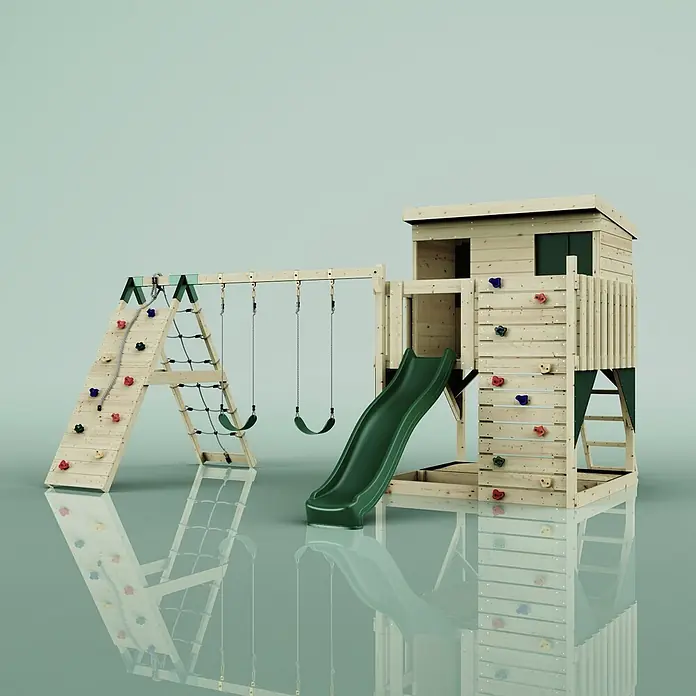 OutdoorToys Kinderspielturm Aksel - L x B x H: 469 x 415 x 261 cm, Grün - Hölzernes Kinderspielset mit grüner Rutsche, Schaukeln, Kletterwand mit bunten Griffen und Kletternetz.