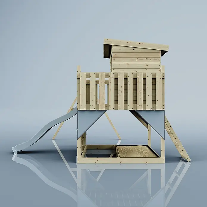 OutdoorToys Kinderspielturm Nils - L x B x H: 396 x 415 x 260 cm, Blau - Holzspielhaus mit grauer Rutsche, Leiter und integriertem Sandkasten.