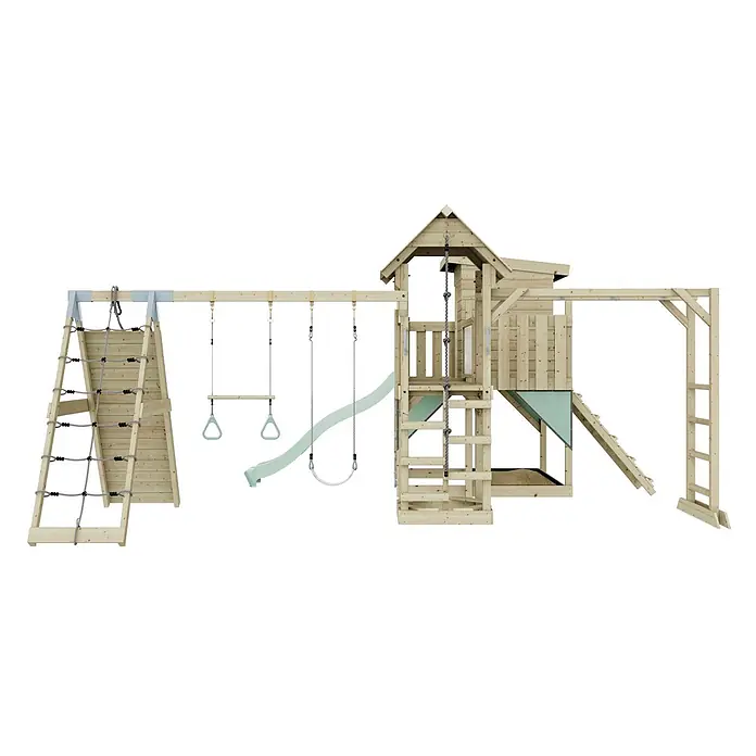 OutdoorToys Kinderspielturm Lars Trapezschaukel; - Holz, Grün - Hölzernes Spielturm-Set mit Rutsche, Schaukeln und Kletternetz für den Spielplatz.