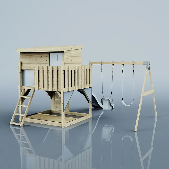OutdoorToys Kinderspielturm Nils - L x B x H: 396 x 415 x 260 cm, Blau - Heller Holz-Spielturm mit Spielhaus, Leiter, Rutsche und Schaukelgestell mit Babyschaukel und Standardschaukel.