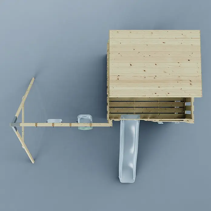 OutdoorToys Kinderspielturm Nils - L x B x H: 396 x 415 x 260 cm, Blau - Hölzernes Spielset von oben: ein heller Holzturm mit Rutsche und angehängtem Schaukelgestell mit zwei weißen Eimersitzen.