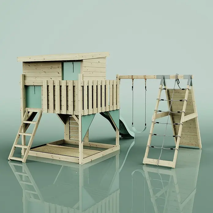 OutdoorToys Kinderspielturm Emil - L x B x H: 396 x 415 x 260 cm, Grün - Holzspielplatz mit erhöhtem Spielhaus (Leiter, Sandkasten), Rutsche, Schaukel und Kletternetz, akzentuiert mit mintgrünen Elementen.