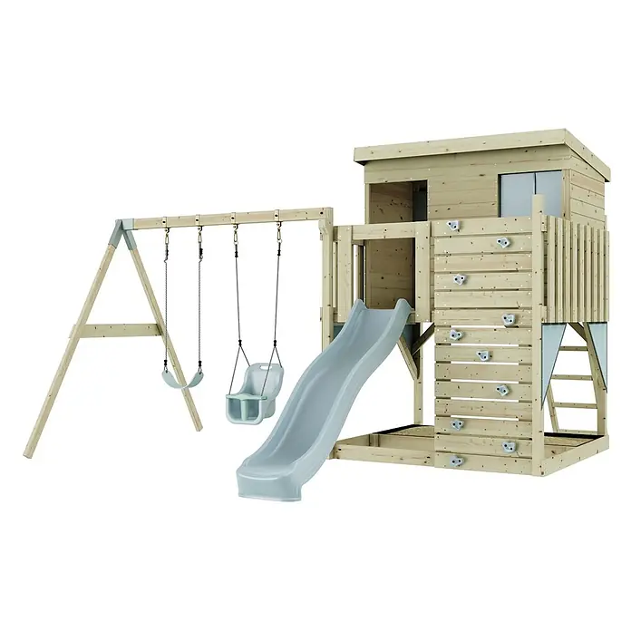 OutdoorToys Kinderspielturm Nils - L x B x H: 396 x 415 x 260 cm, Blau - Spielturm aus hellem Holz mit Schaukeln, Rutsche und Kletterwand, ergänzt durch hellgraue Kunststoffelemente.