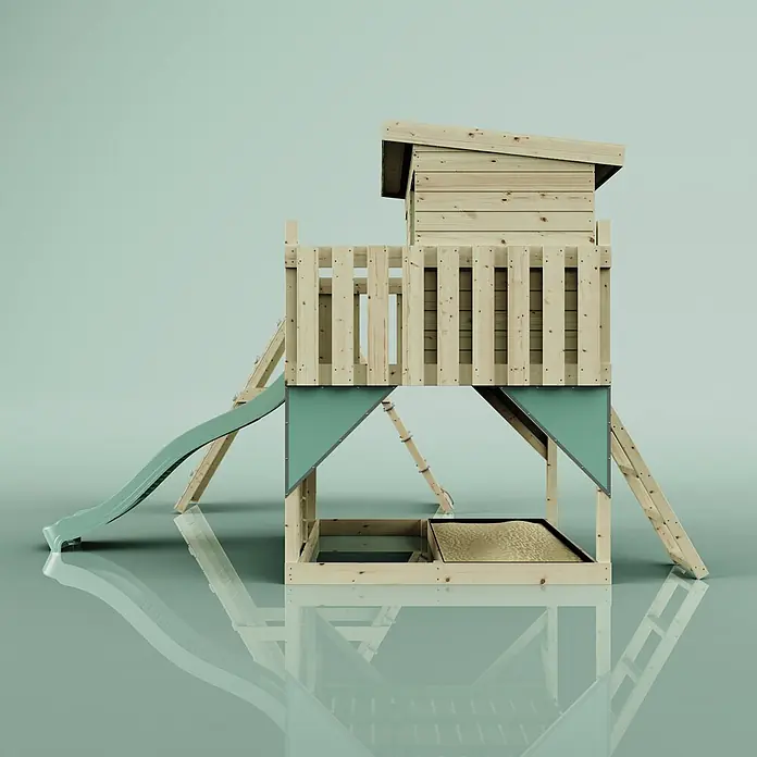 OutdoorToys Kinderspielturm Emil - L x B x H: 396 x 415 x 260 cm, Grün - Hölzernes Kinderspielhaus mit grüner Rutsche, erhöhtem Spielturm und integriertem Sandkasten.