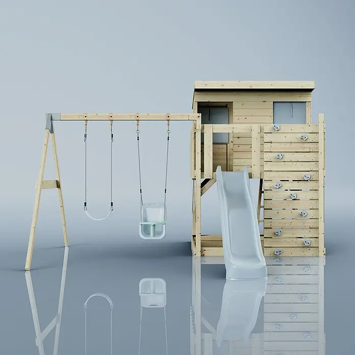 OutdoorToys Kinderspielturm Nils - L x B x H: 396 x 415 x 260 cm, Blau - Hölzernes Kinderspielplatz-Set mit Schaukel, Rutsche und Kletterwand, aus Naturholz und hellgrauen Kunststoffeinsätzen.