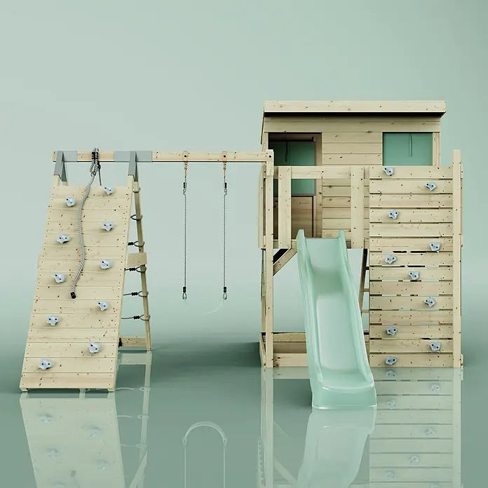 OutdoorToys Kinderspielturm Emil - L x B x H: 396 x 415 x 260 cm, Grün - Spielturm aus Holz mit Spielhaus, hellgrüner Rutsche, Kletterwand mit weißen Griffen und Schaukel.