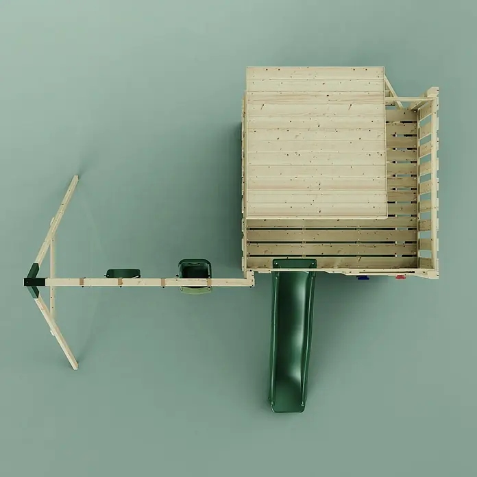 OutdoorToys Kinderspielturm Björn - L x B x H: 396 x 415 x 261 cm, Grün - Hölzernes Spielset mit Spielhaus, dunkelgrüner Rutsche und zwei Schaukeln.