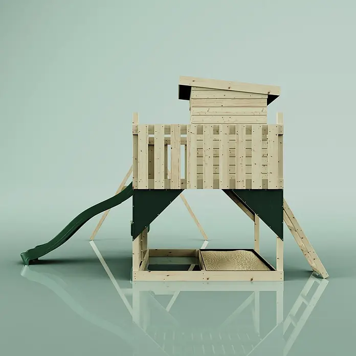 OutdoorToys Kinderspielturm Björn - L x B x H: 396 x 415 x 261 cm, Grün - Hölzernes Kinderspielhaus mit grüner Rutsche, Sandkasten und Leiter, für den Außenbereich.