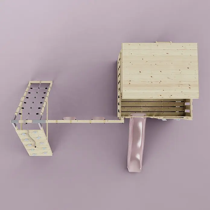 OutdoorToys Kinderspielturm Aksel - L x B x H: 469 x 415 x 261 cm, Rosa - Hölzernes Indoor-Spielplatz-Set mit Kletternetz, -wand, Balancierbalken, Spielhaus und pinker Rutsche auf hellviolettem Hintergrund.