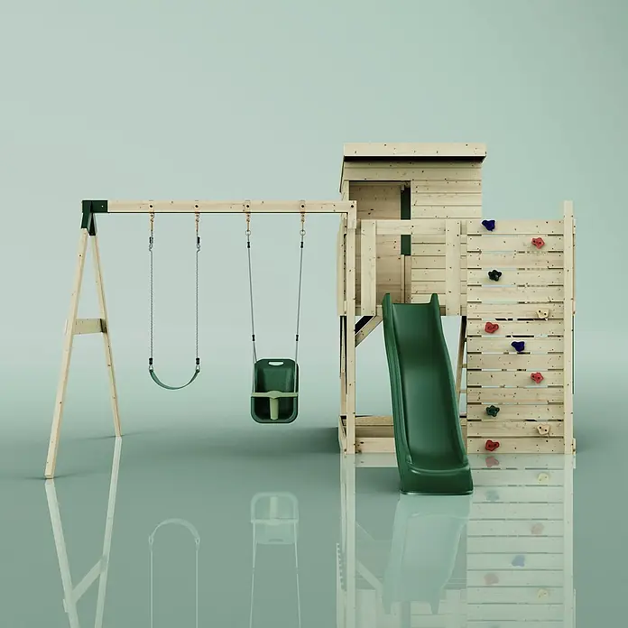 OutdoorToys Kinderspielturm Björn - L x B x H: 396 x 415 x 261 cm, Grün - Hölzernes Outdoor-Spielset mit grüner Rutsche, zwei Schaukeln (eine Babyschaukel) und Kletterwand mit bunten Griffen.